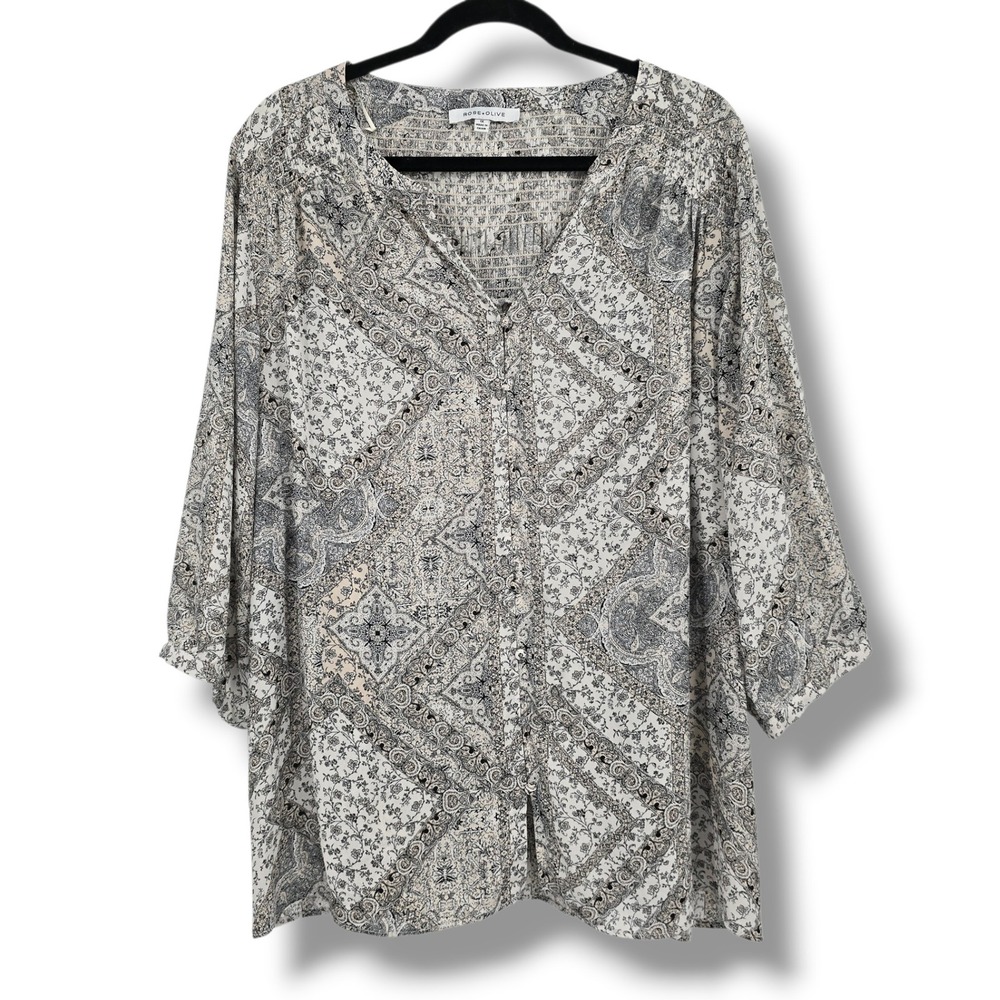 Rose + Olive Womens Paisley Floral Smocked Button Front 3/4 Sleeve Blouse 1X
